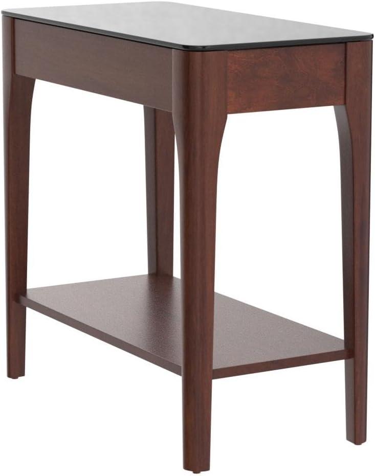 Leick Home 11105 Obsidian Glass Top Narrow Side Table with Shelf, Chestnut and Black Glass