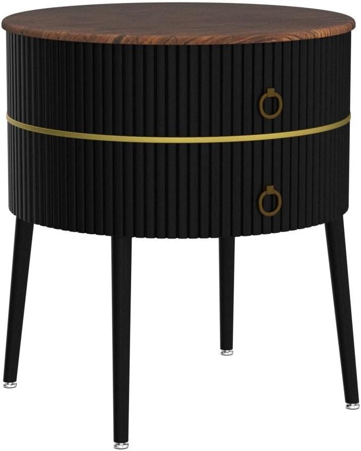 Drevy Black Round Side Table for Living Room, Modern End Table with 2 Drawers, Metal Legs Nightstand for Bedroom, Black & Brown