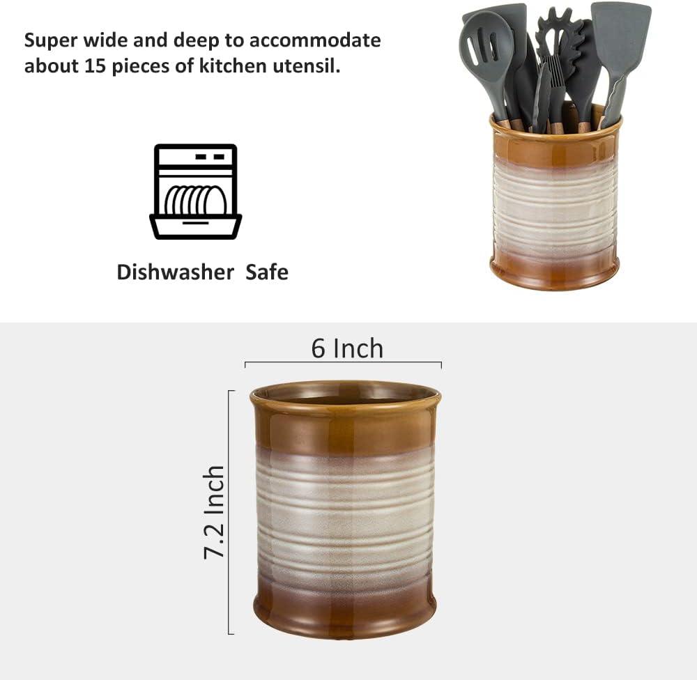 Brown and Beige Ceramic Cylinder Utensil Holder