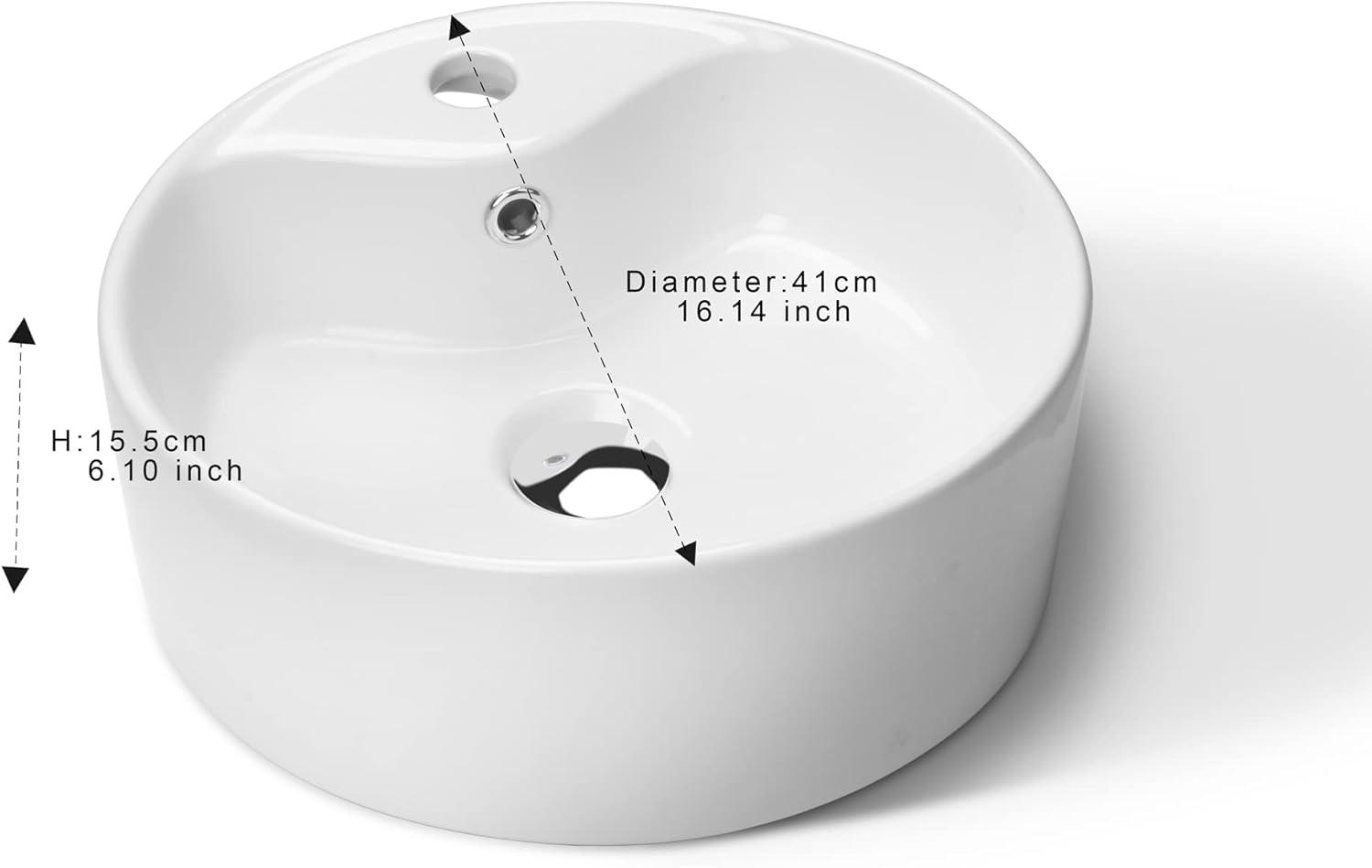 White Round Ceramic Bathroom Vessel Sink with Overflow