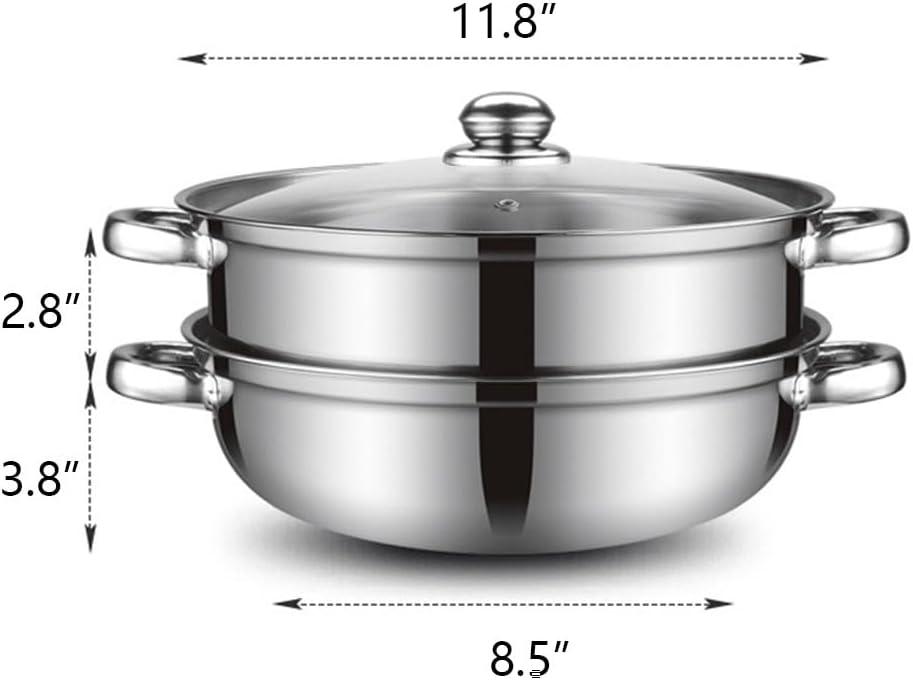 11.5'' Polished Stainless Steel 2-Tier Steamer Pot with Glass Lid