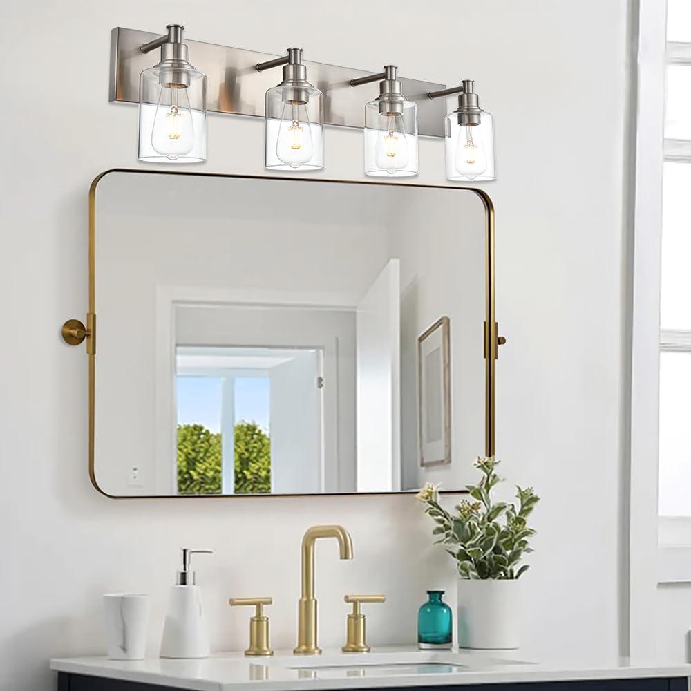 Brushed Nickel 4-Light Bathroom Vanity Fixture with Clear Glass Shades