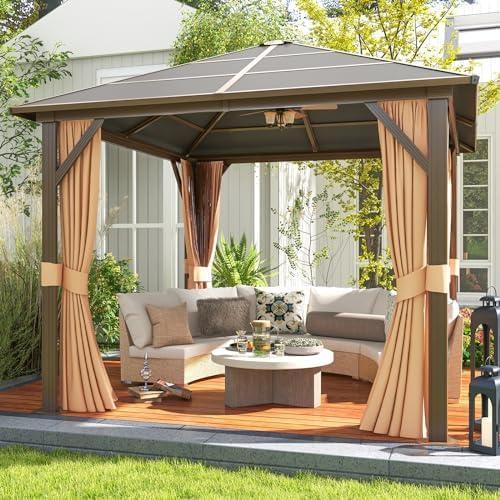 JolyDale 10 ft. x 10 ft. Patio Hardtop Gazebo, Outdoor Aluminum Frame Canopy with Netting and Curtain for Garden, Patio, Lawns, Brown