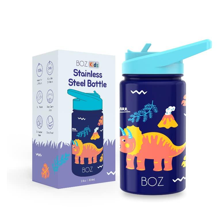 BOZ Kids Water Bottle for School with Straw Lid, Stainless Steel Insulated, 14 oz (Construction)