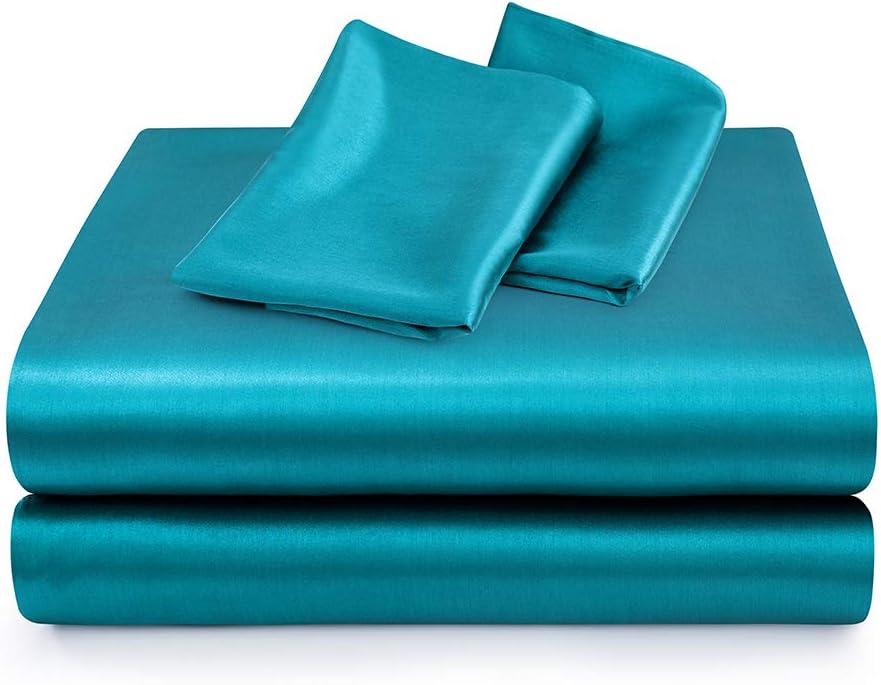 Satin Bed Sheets Full Size Sheet Sets, Teal Silk Sheets, 4 - Pieces Soft Bedding Set with 1 Deep Pocket Fitted Sheet,1 Flat Sheet,2 Pillowcase