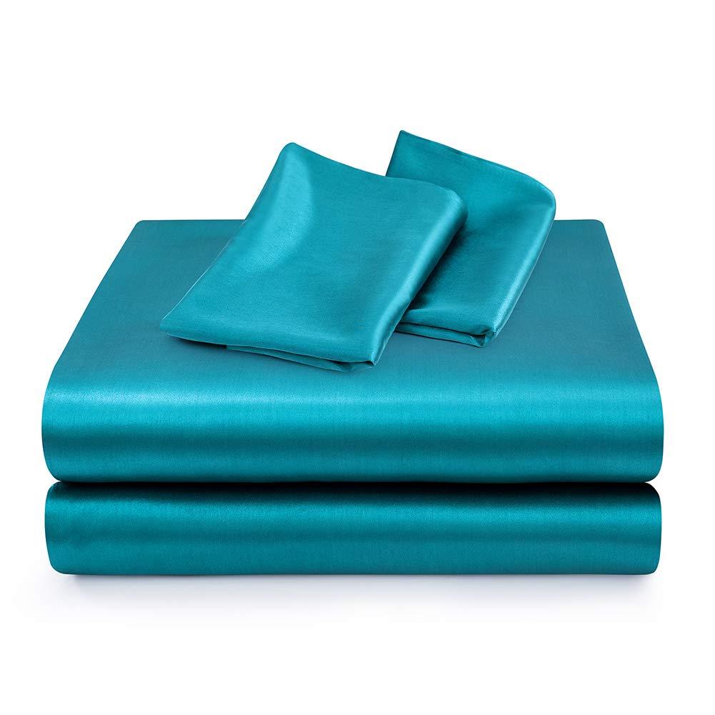 Satin Bed Sheets Full Size Sheet Sets, Teal Silk Sheets, 4 - Pieces Soft Bedding Set with 1 Deep Pocket Fitted Sheet,1 Flat Sheet,2 Pillowcase