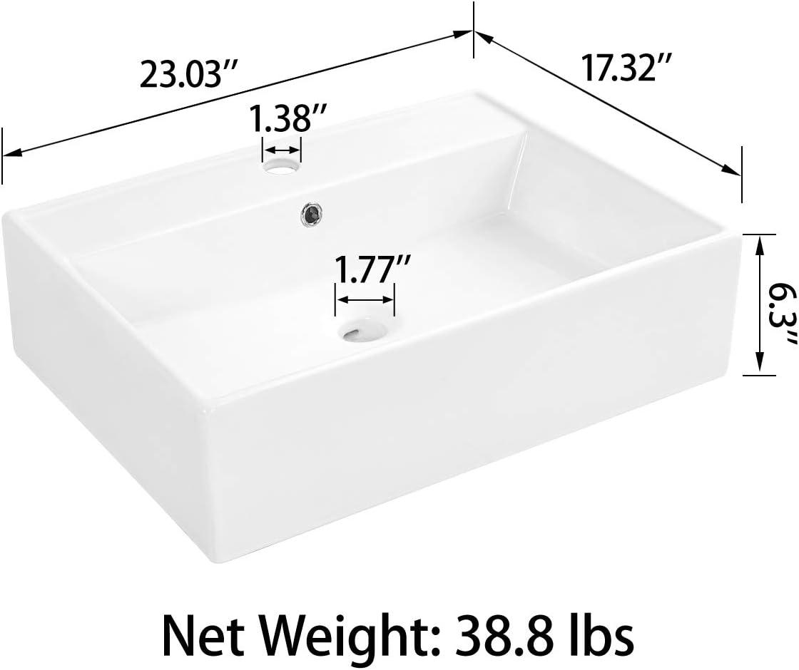 Sinber 24" x 17" x 6.3" White Rectangular Ceramic Countertop Bathroom Vanity Vessel Sink