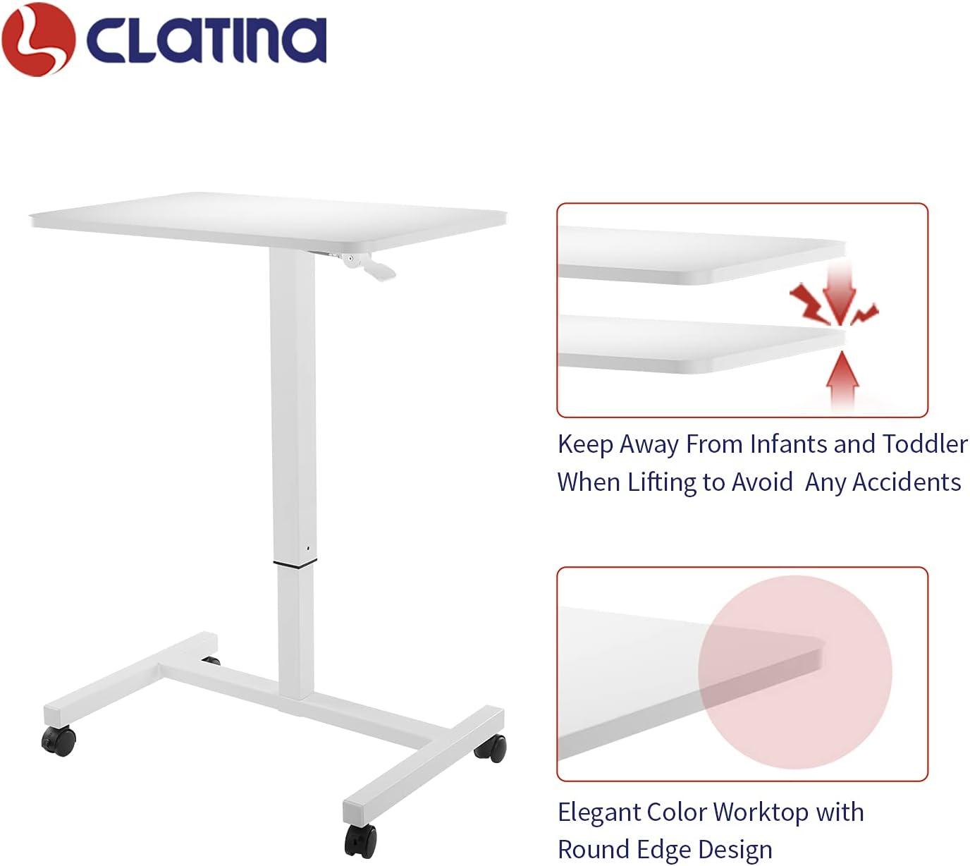 CLATINA Mobile Laptop Desk Pneumatic Sit to Stand Table Height Adjustable Rolling Cart with Lockable Wheels for Home Office Computer Workstation 28" x 19" White