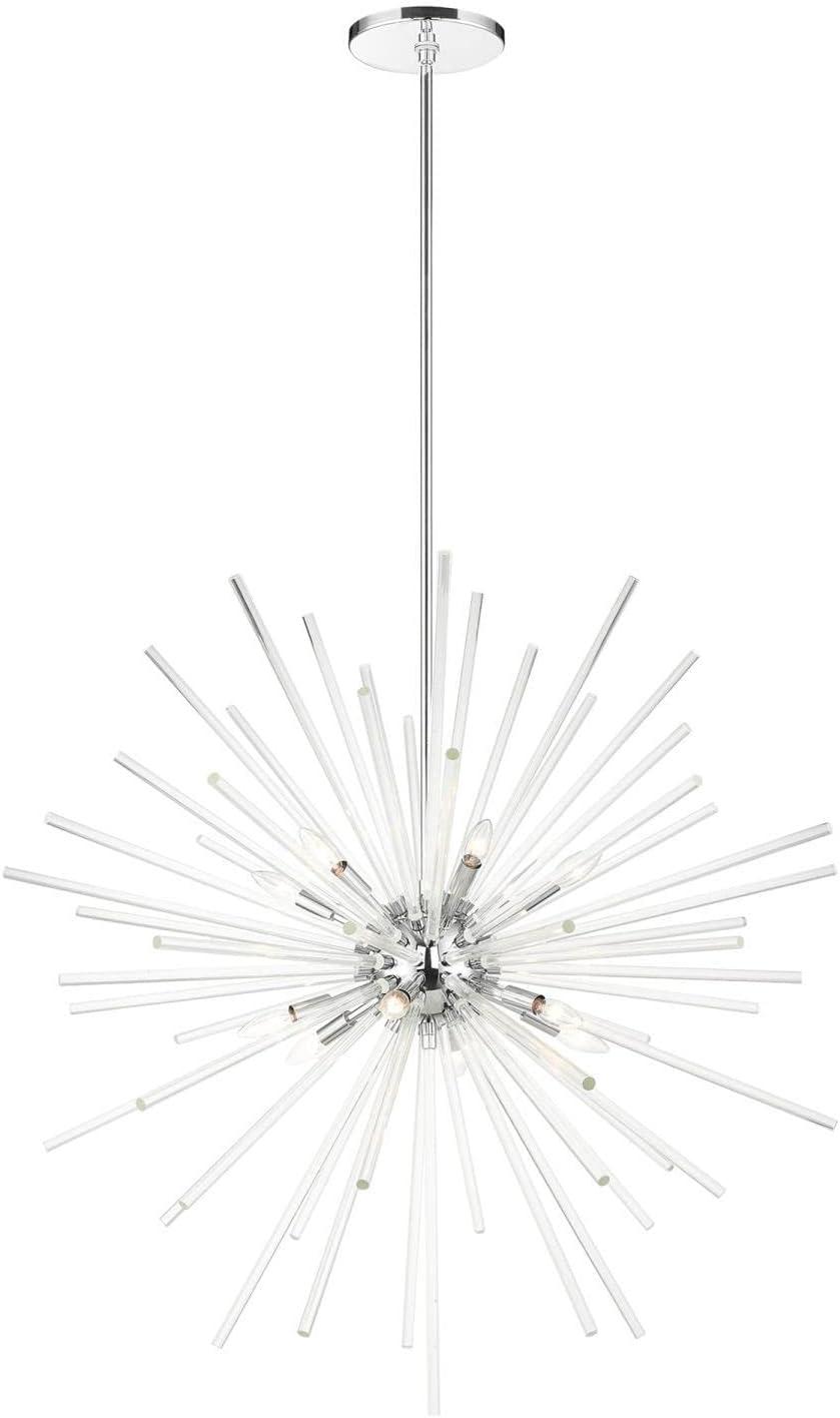 Polished Chrome 12-Light Foyer Pendant Chandelier with Clear Crystal Rods