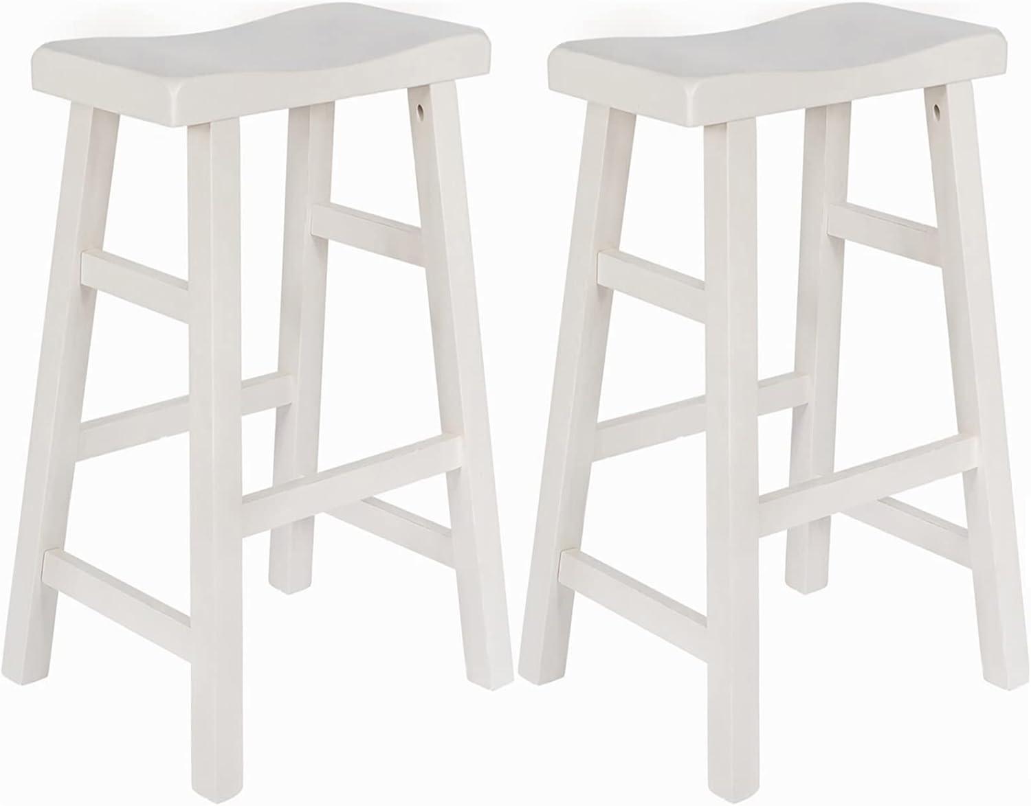 eHemco Heavy-Duty Solid Wood Saddle Seat Kitchen Counter Height Barstools, 29 Inches, White, Set of 2