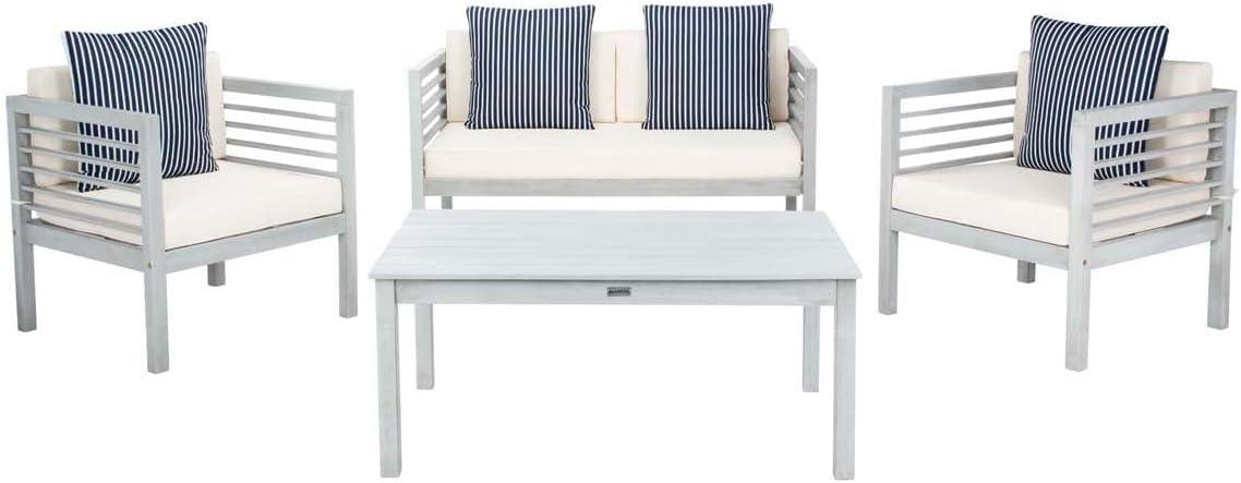 Alda 4 Piece Set - Indoor/Outdoor - PAT7033 - Grey/Beige + Thin Stripe Pillow - Safavieh