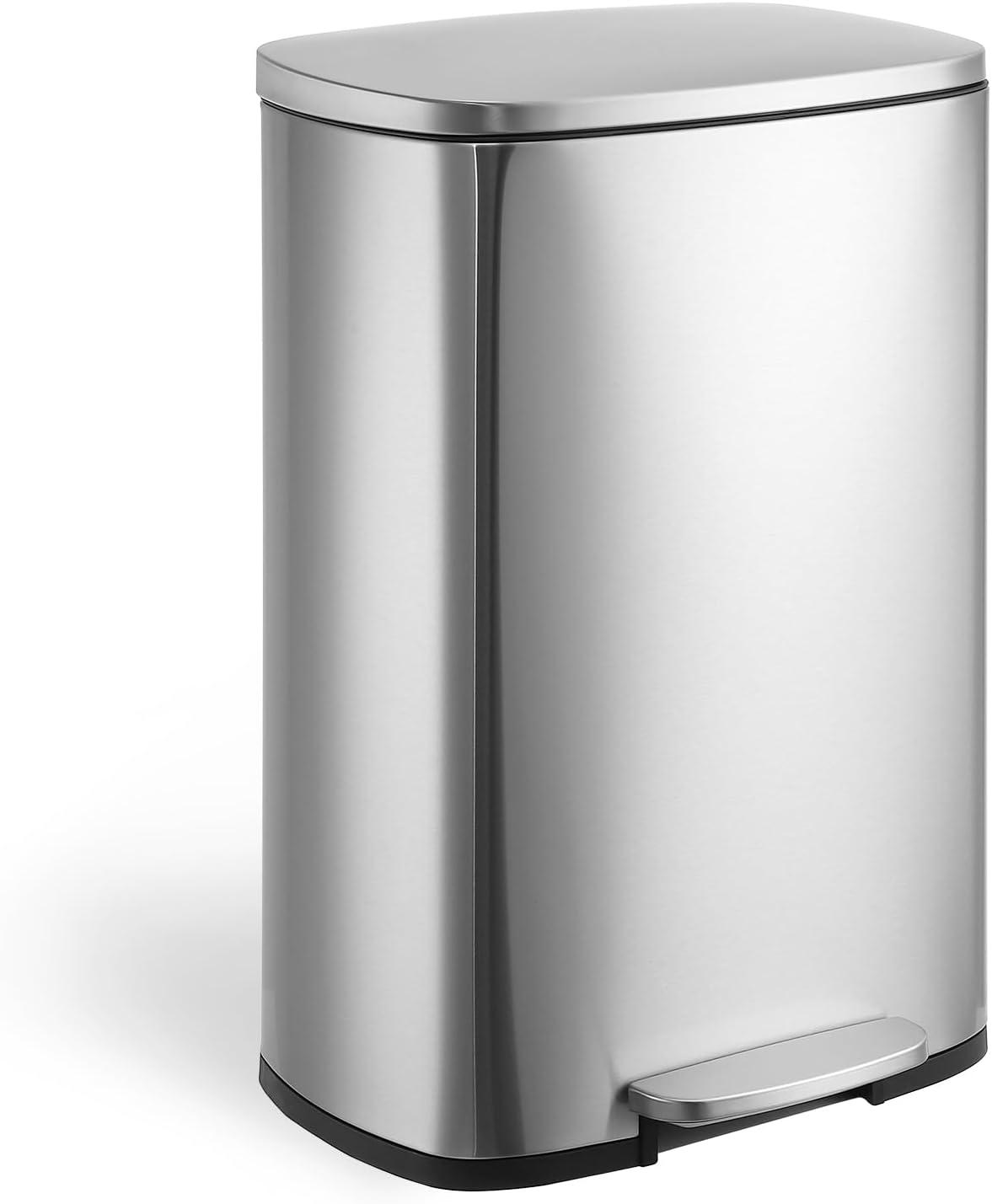 13 Gallon Tall Kitchen Garbage Can, Stainless Steel Trash Bin with Soft-Close Lid, Step Pedal, Oval Shape, Fingerprint-Resistant, Removable Inner Bucket