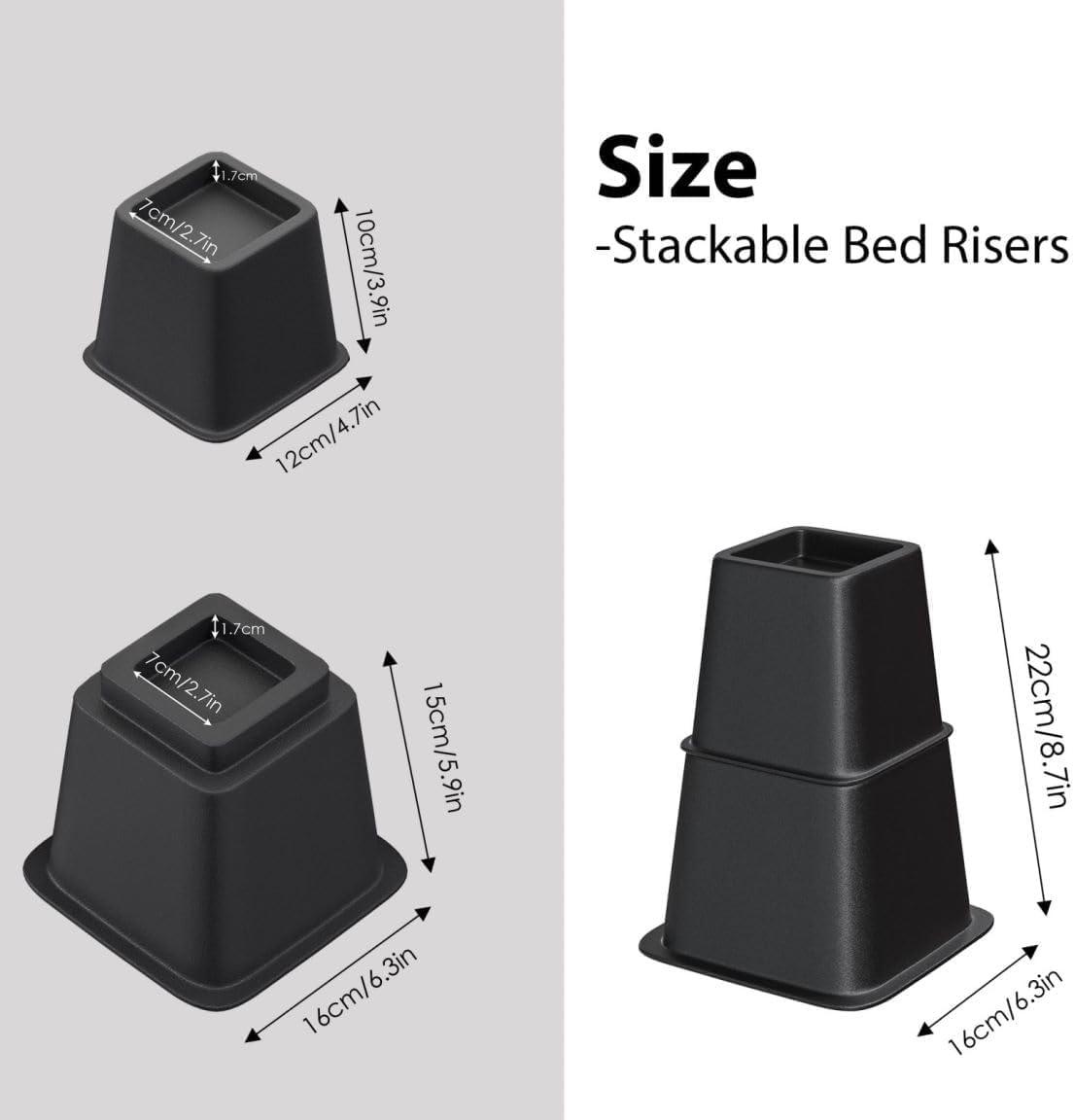 8 Pack Bed Risers, Heavy Duty Bed Furniture Risers, Adjustable Bed Elevators in Heights 3 or 5 inch, Stackable Risers for Sofa, Chair, Desk, Table Legs, Black