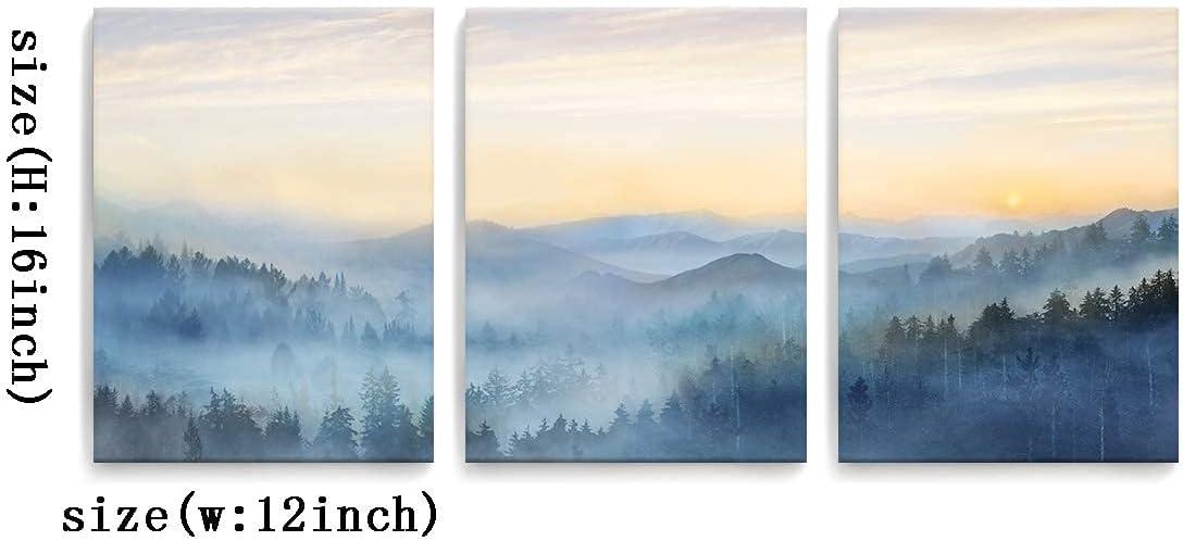 Wall Decor for Bedroom 3 Panel Sunrise Misty Forest Print Picture Paintings Wall Art for Living Room Bathroom Framed Canvas Artwork Modern Room Wall Decorations Size 12x16 x 3 Piece Ready to Hang