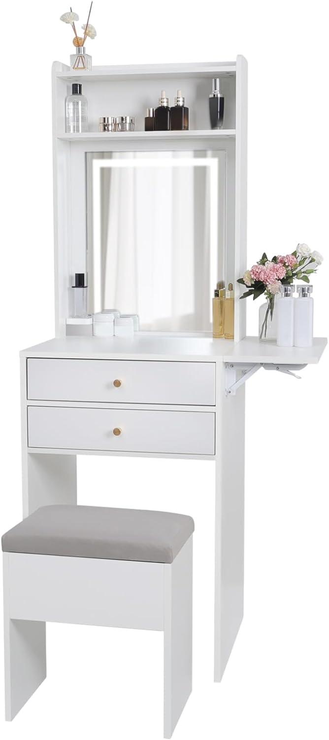 ZHIBING Small Vanity Desk Set with 3 Adjustable Lighted Mirror and Storage Chair, Makeup Vanity Table for Small Space, White Dressing Table with Fold-up Panel for Bedroom