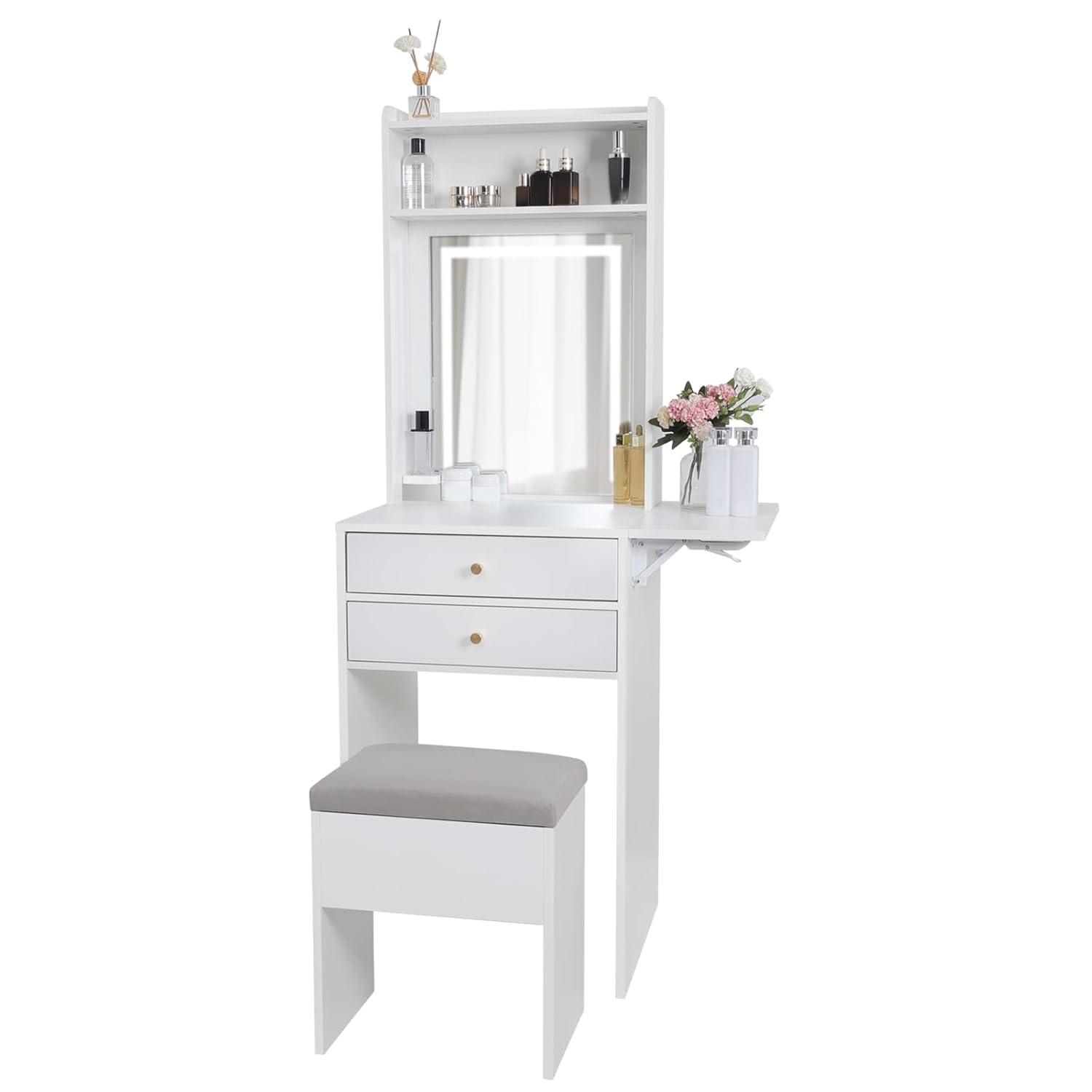 White Small Vanity Desk Set with Mirror and Lights Makeup Table with Drawer, Storage Chair, and Fold-up Panel for Small Space Bedroom