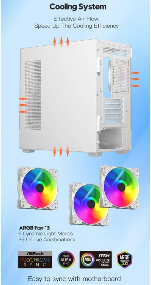 DIYPC ARGB-N1-W White USB3.0 /Type C Micro ATX Gaming Computer Case w/ Frameless Dual Tempered Glass Panel and 3 x ARGB 120mm Fans (Pre-Installed). Support 4090TI GPU and 360mm AIO