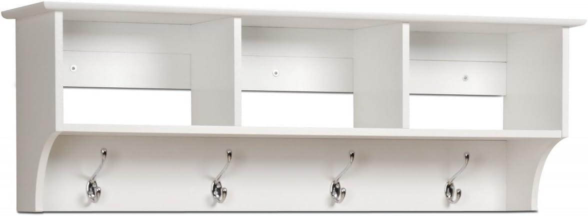 White MDF Wall-Mounted Entryway Cubbie Shelf with Coat Hooks