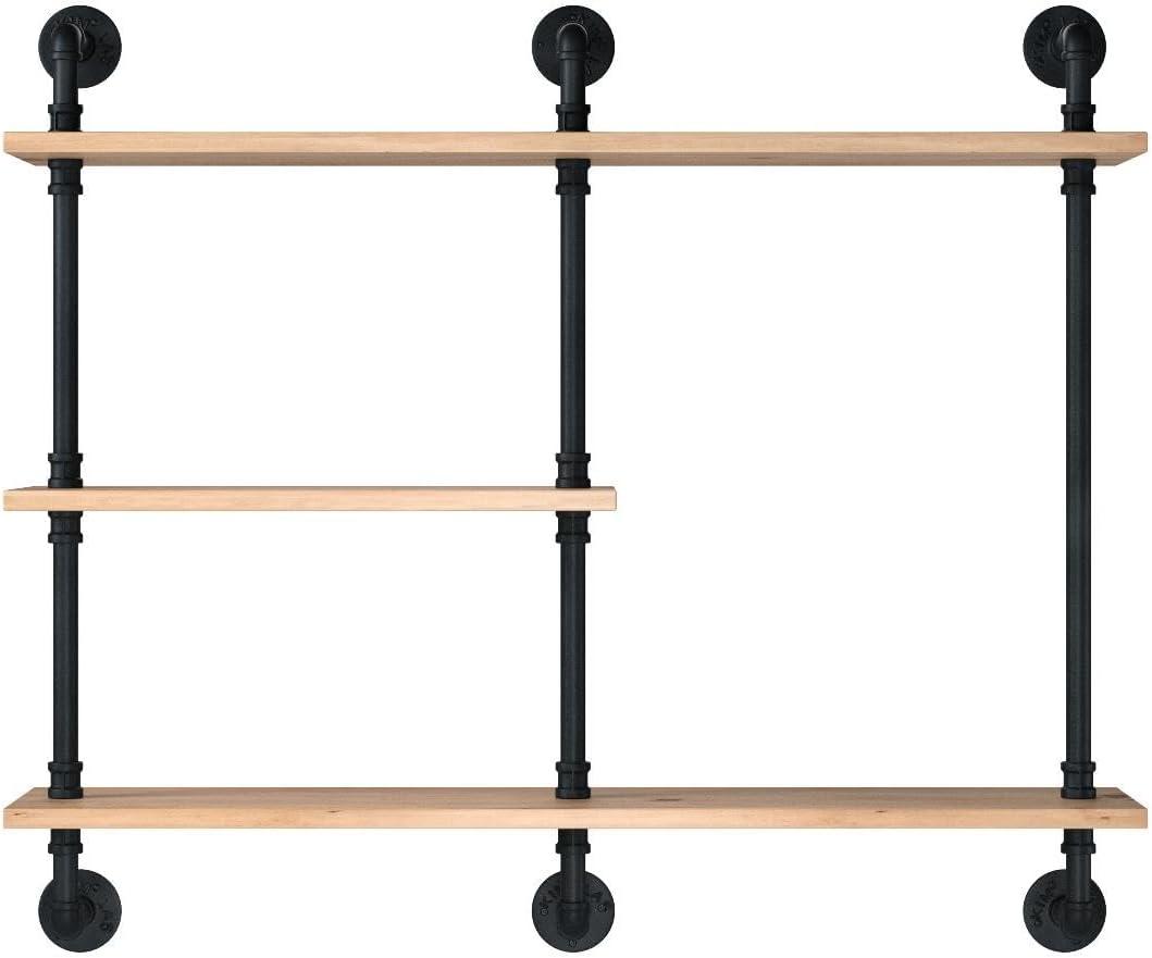 Industrial Pipe Shelf with Wood 43.3in,Rustic Wall Mount Shelf 3-Tiers,Metal Hung Bracket Bookshelf,DIY Storage Shelving Floating Shelves
