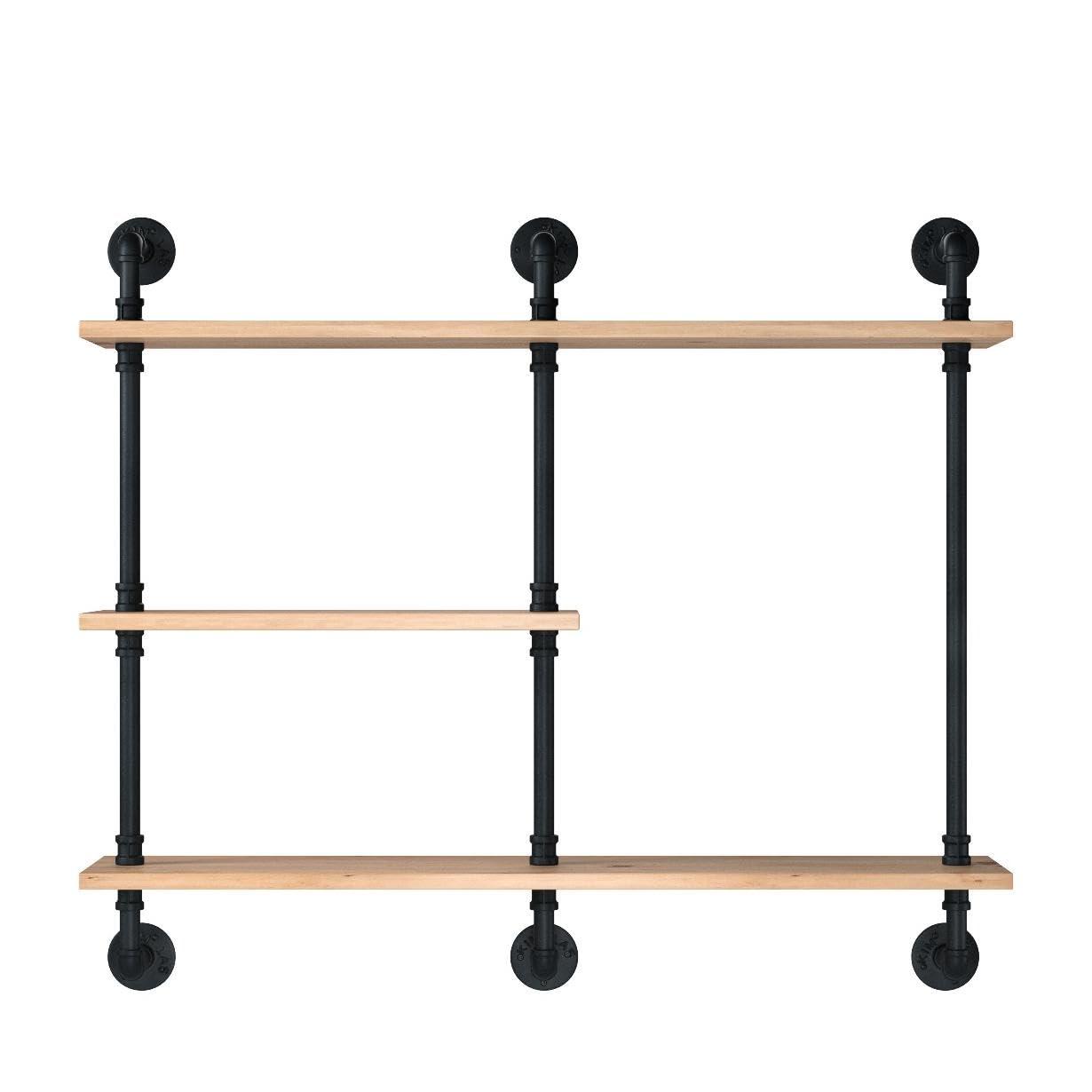 Industrial Pipe Shelf with Wood 43.3in,Rustic Wall Mount Shelf 3-Tiers,Metal Hung Bracket Bookshelf,DIY Storage Shelving Floating Shelves