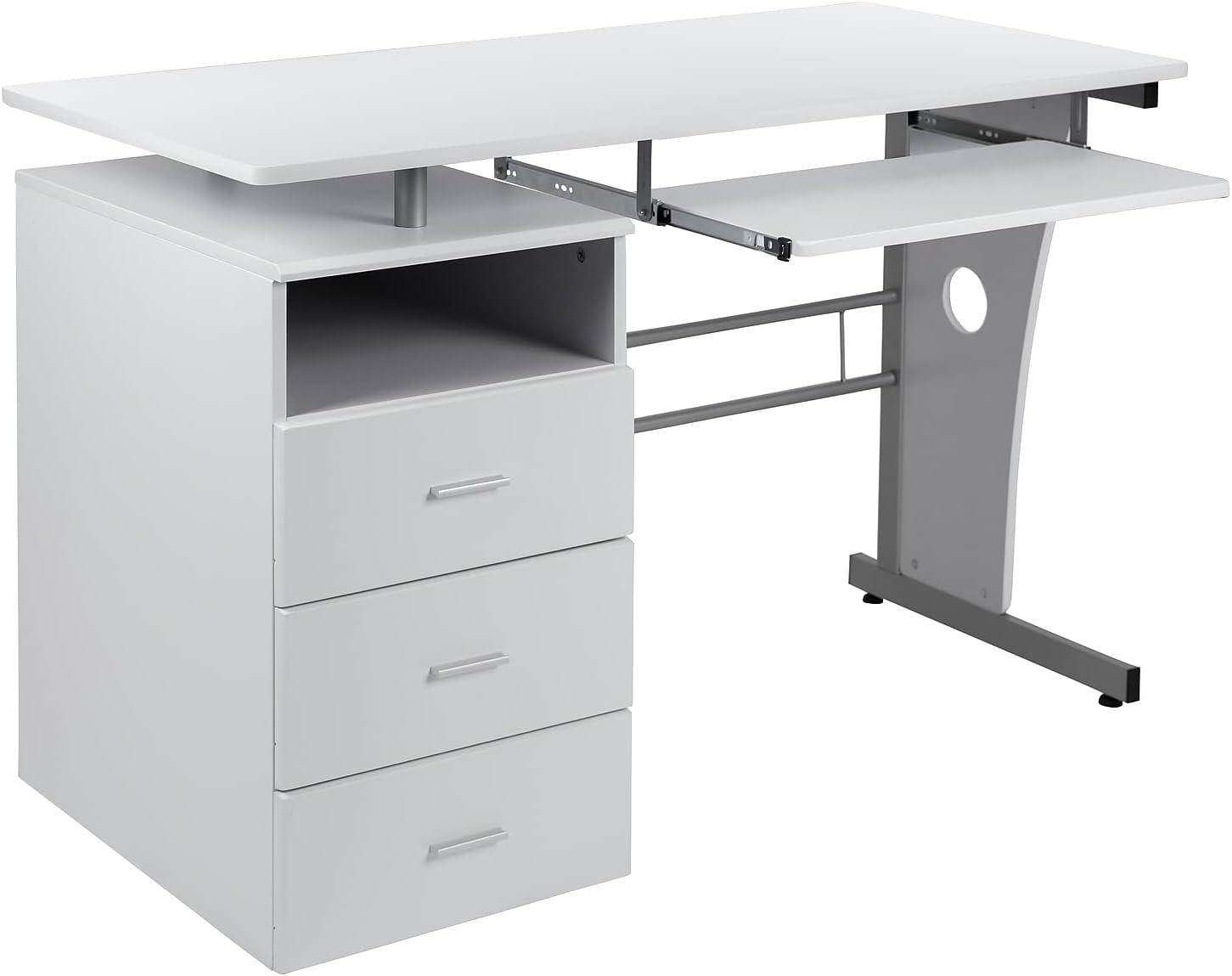 Flash Furniture White Desk with Three Drawer Pedestal and Pull-Out Keyboard Tray
