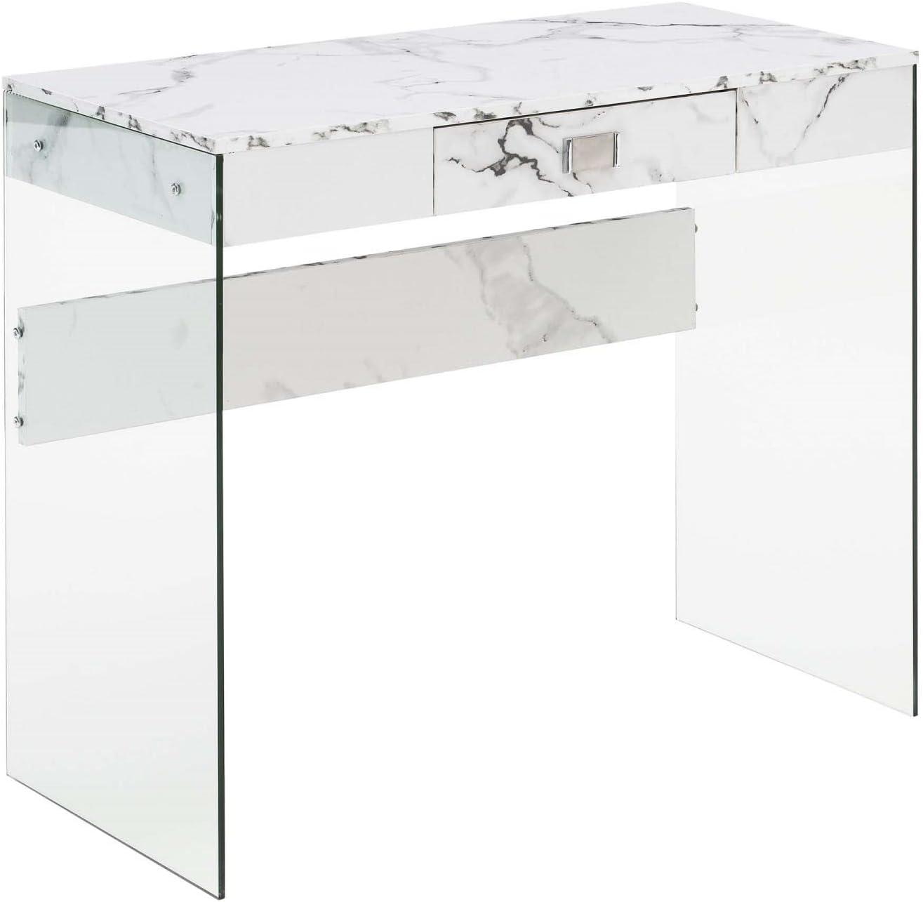 White Faux Marble and Glass Desk with Drawer, 36-inch