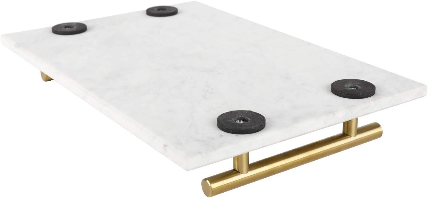 White Marble Rectangular Tray with Gold Metal Handles