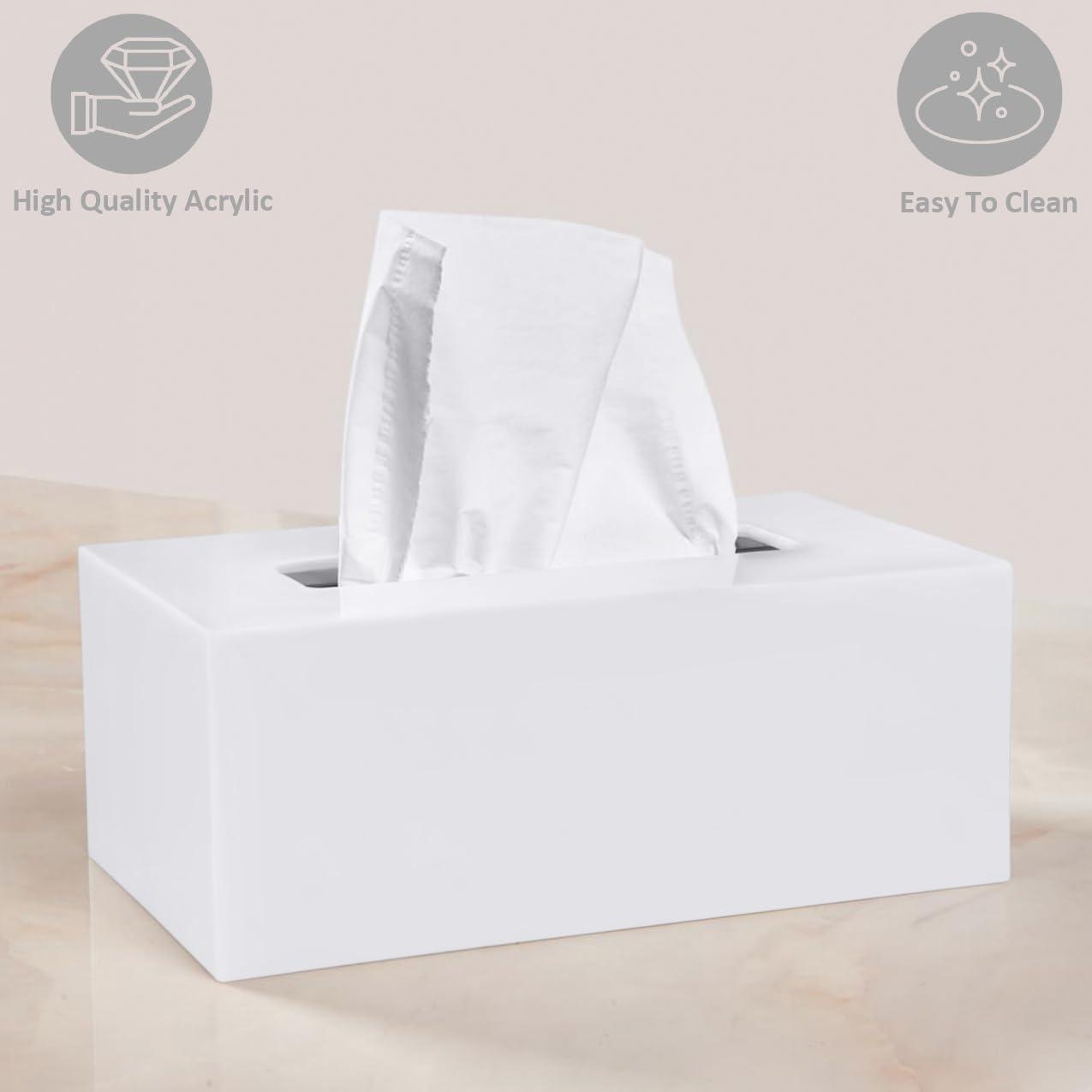 White Tissue Box Cover Square - Plastic Facial Tissue Box Holder - Decorative Cube Tissue Holder Dispenser Fits Any Vanity Countertop, Bedroom Dresser, Office, Bathroom Decor C33
