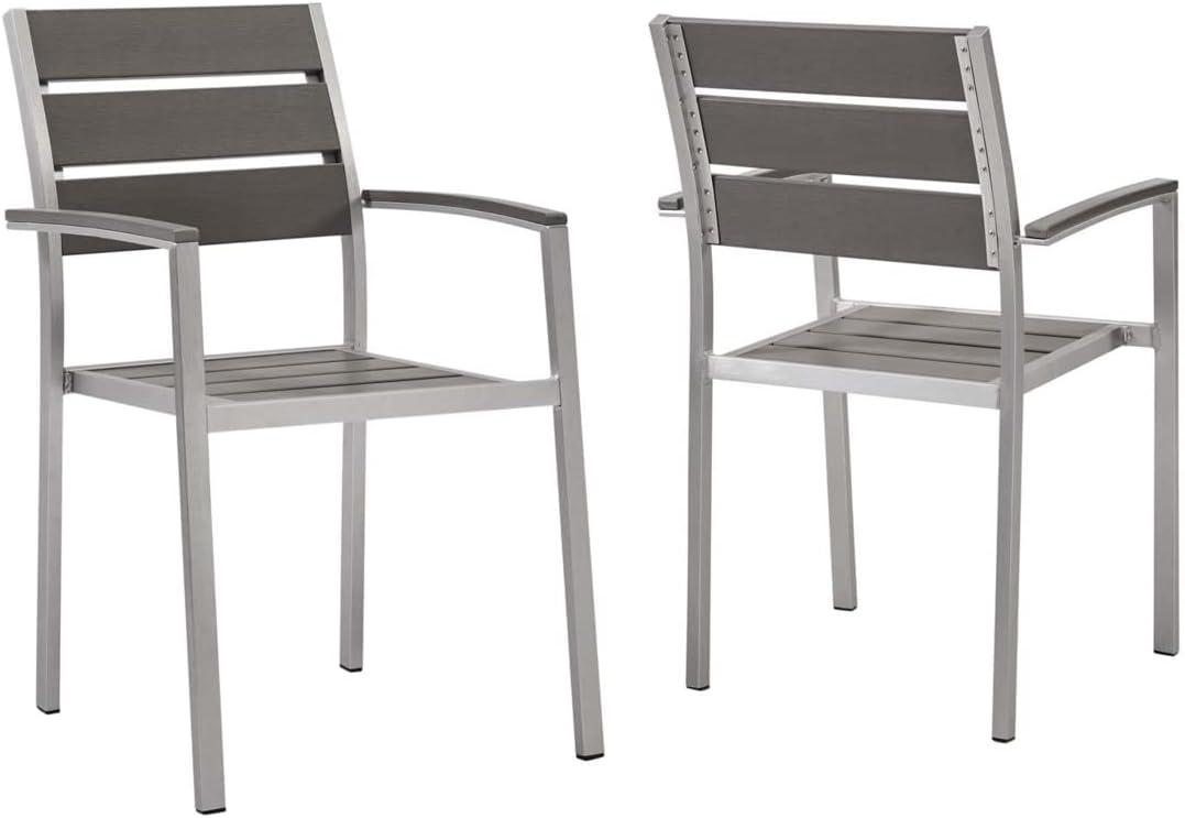 Gray Aluminum and Wood Outdoor Dining Armchair Set of 2