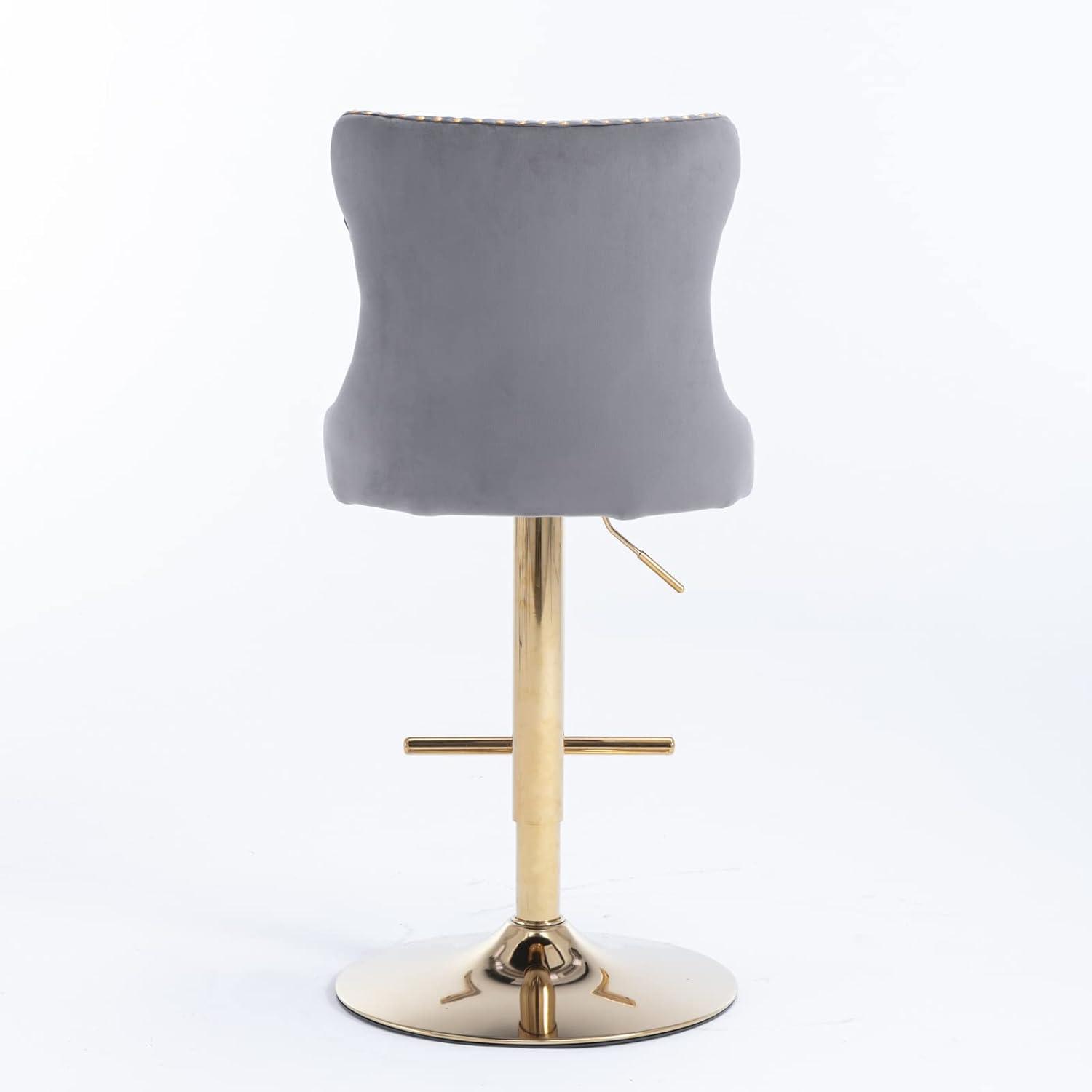 Gray Velvet Adjustable Swivel Bar Stools with Gold Metal Base