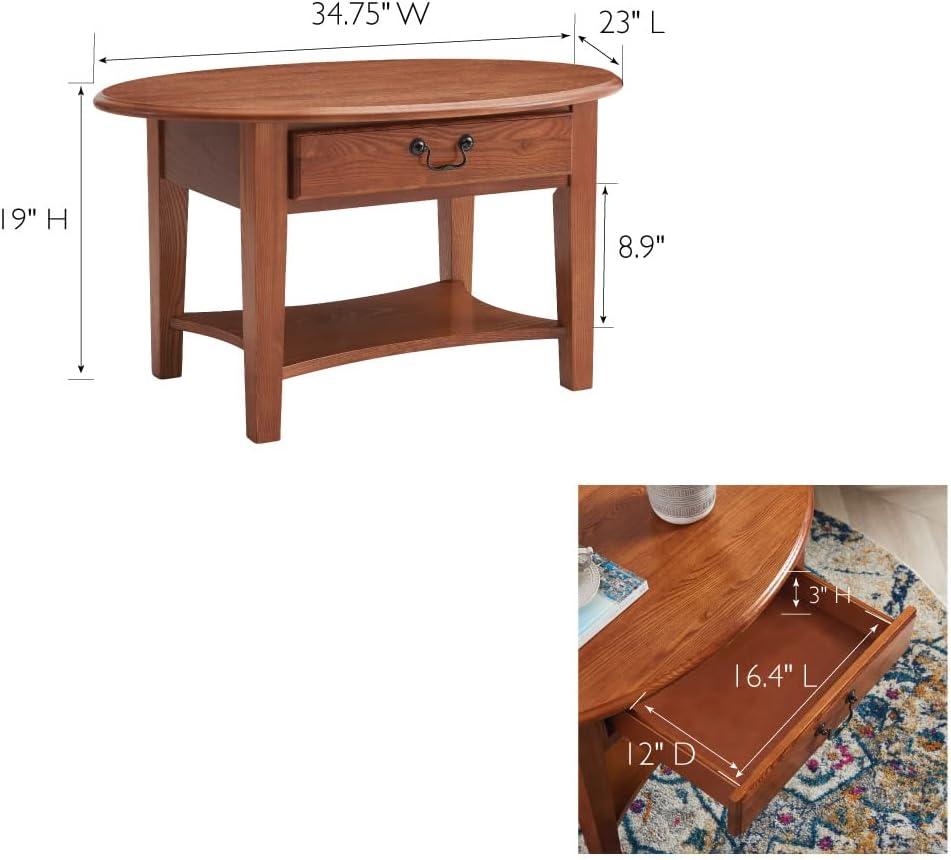 Medium Oak Oval Wood Coffee Table with Storage Drawer