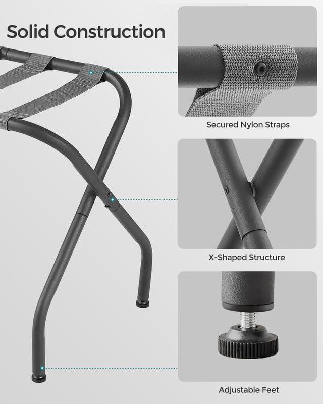 BINO 2-Pack Folding Luggage Rack Collapsible Metal Suitcase Stand With Durable Black Nylon Straps- For Bedroom, Guest Room, Or Hotel (Gray Steel)