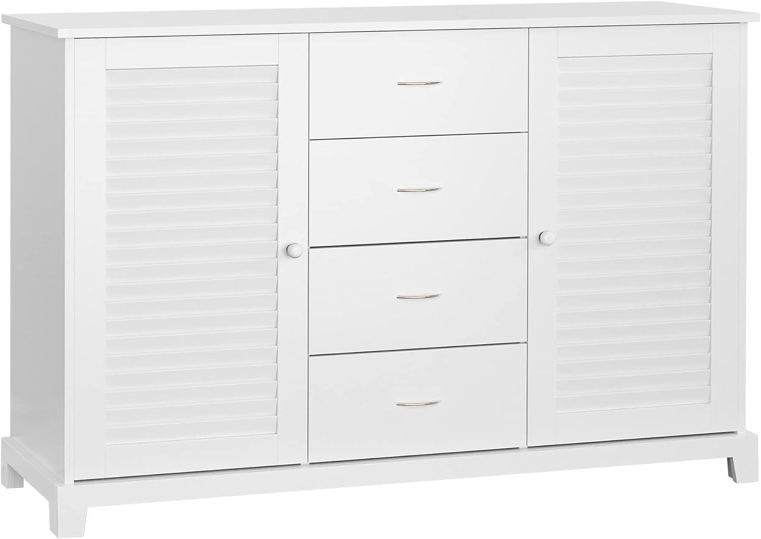 HOMCOM Sideboard Buffet Cabinet, Kitchen Cabinet, Coffee Bar Cabinet with 4 Drawers and 2 Louvered Doors for Living Room, Kitchen, White