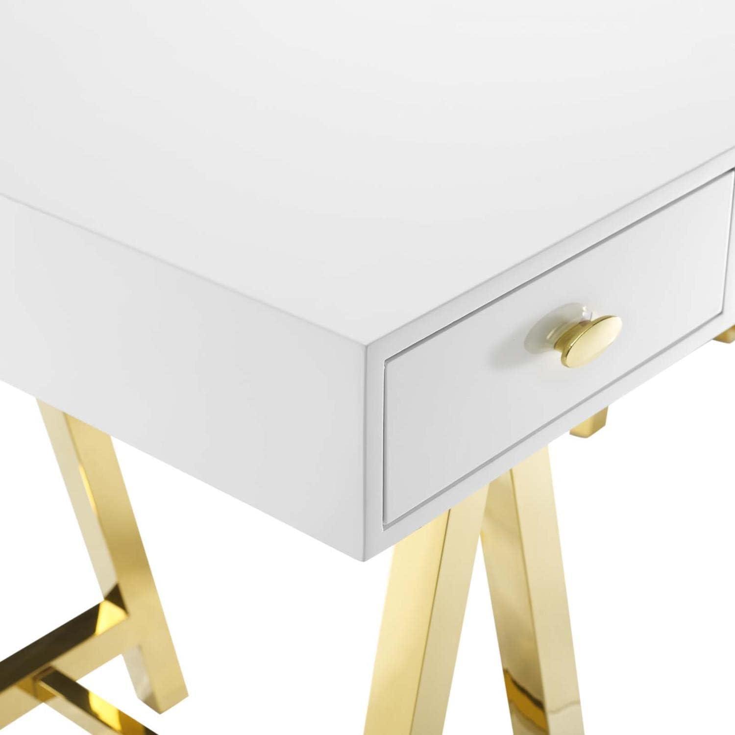 Sleek Gold & White Retro Modern Office Desk with Drawers