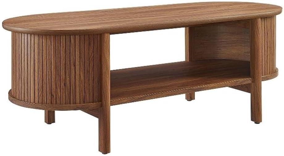 Walnut Oval Coffee Table with Open Storage and Fluted Sides