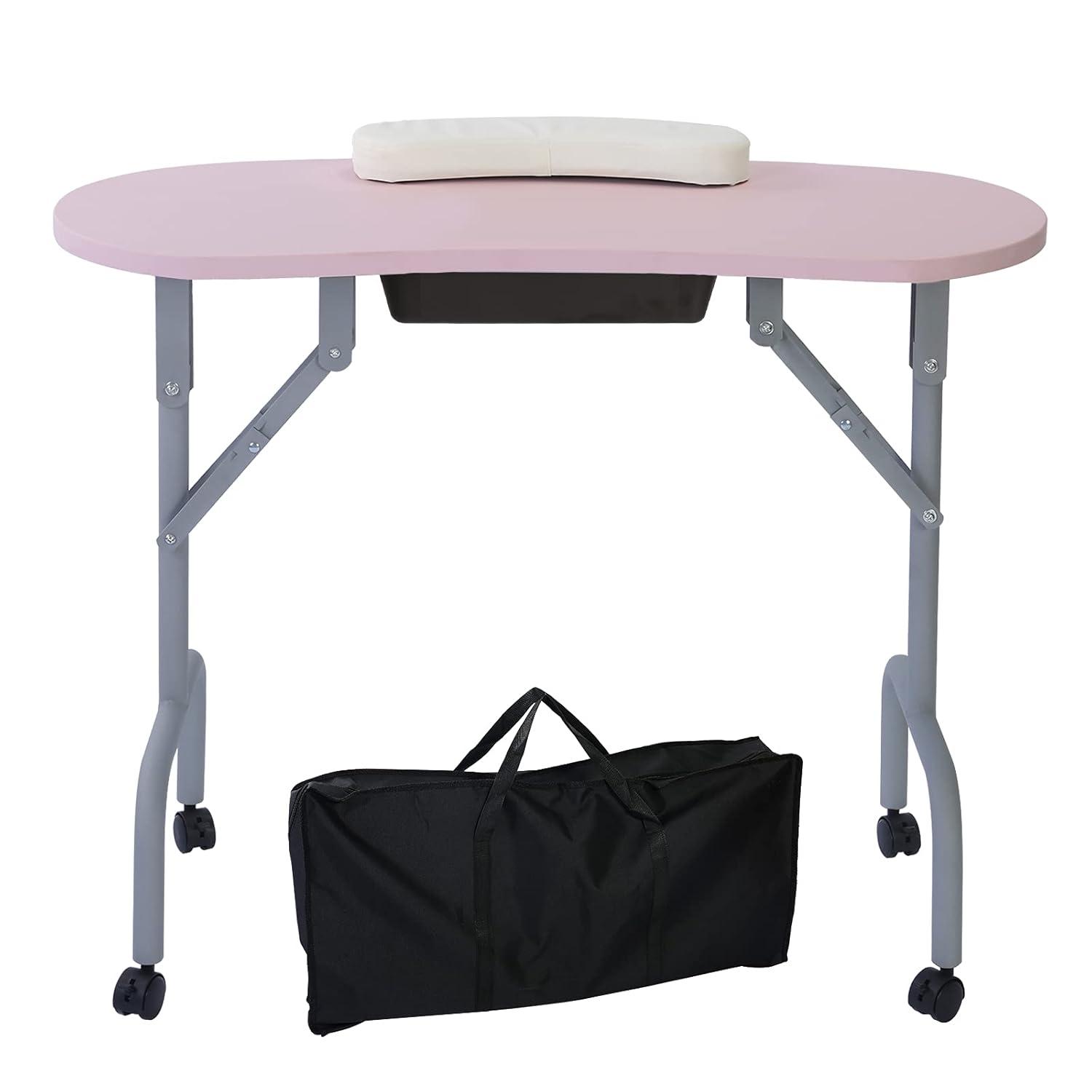 Portable Manicure Table Foldable Nail Desk with Large Drawer Nail Tech Table for Technician Salon Workstation Client Wrist Cushion/Carry Bag/4 Lockable Wheels, 36-inch, Pink