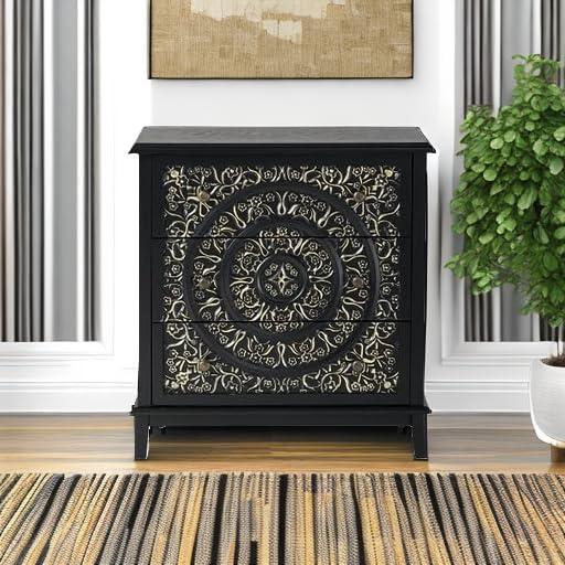 COZAYH 3-Drawer Fully-Assembled Flower Motif Nightstand for Small Spaces, French Country, Modern, Distressed Finish, Gold & Black