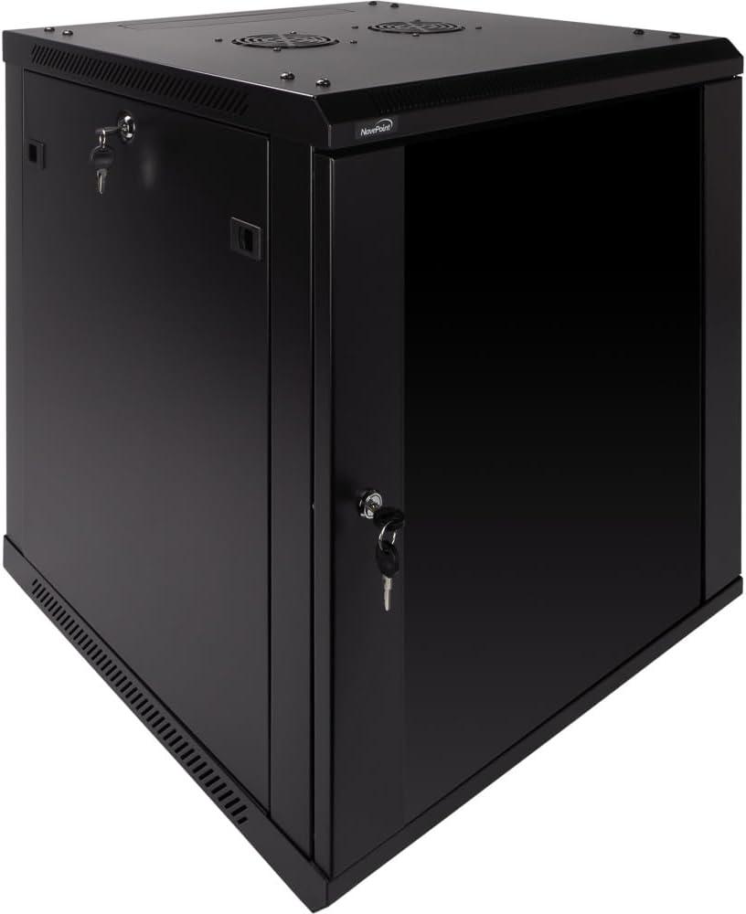 NavePoint 12U Server Rack Enclosure - 23.6” Deep, 12U Wall Mount Network Cabinet with Locking Glass Door for 19” IT Equipment, 12U Network Rack with 2 Fans, Removable Side Panels, Black