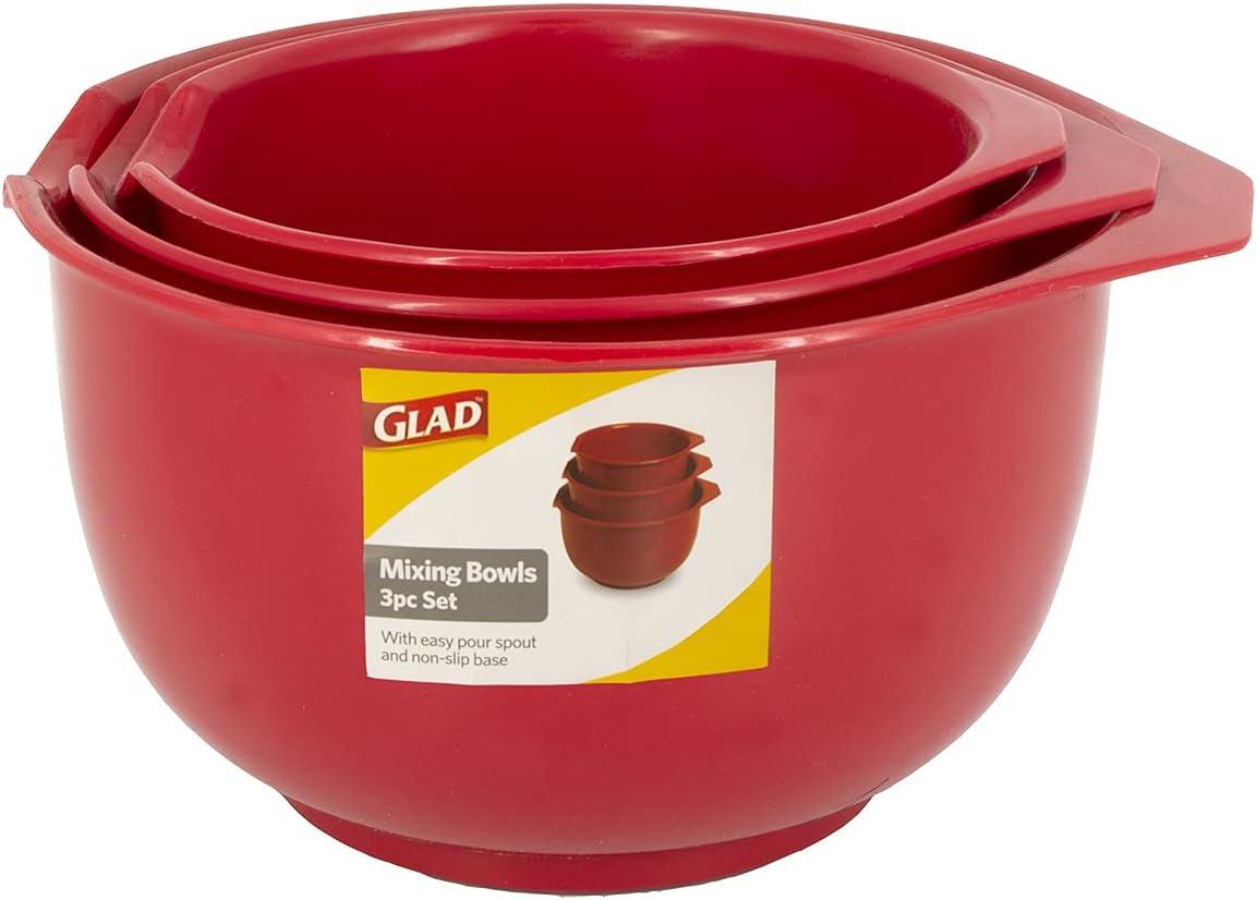 Glad Mixing Bowls with Pour Spout, Set of 3 | Nesting Design Saves Space | Non-Slip, BPA Free, Dishwasher Safe | Kitchen Cooking and Baking Supplies, Red