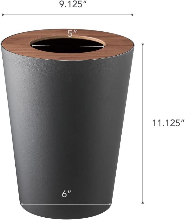 Rin Yamazaki Home Round Trash Can, 1.85 gallon Wastebasket Bathroom Kitchen Office, Steel + Wood