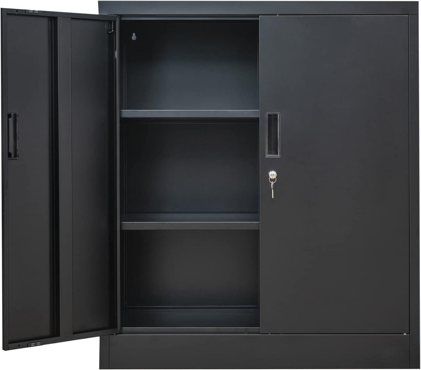 Metal Storage Cabinets with Shelves and Doors, Steel Locking Storage Cabinet for Home Office, Garage, Utility Room and Basement, 36.2" H x 31.5" W x 15.7" D (Black)