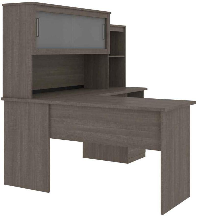 Bark Gray L-Shaped Wood Desk with Hutch and Keyboard Tray