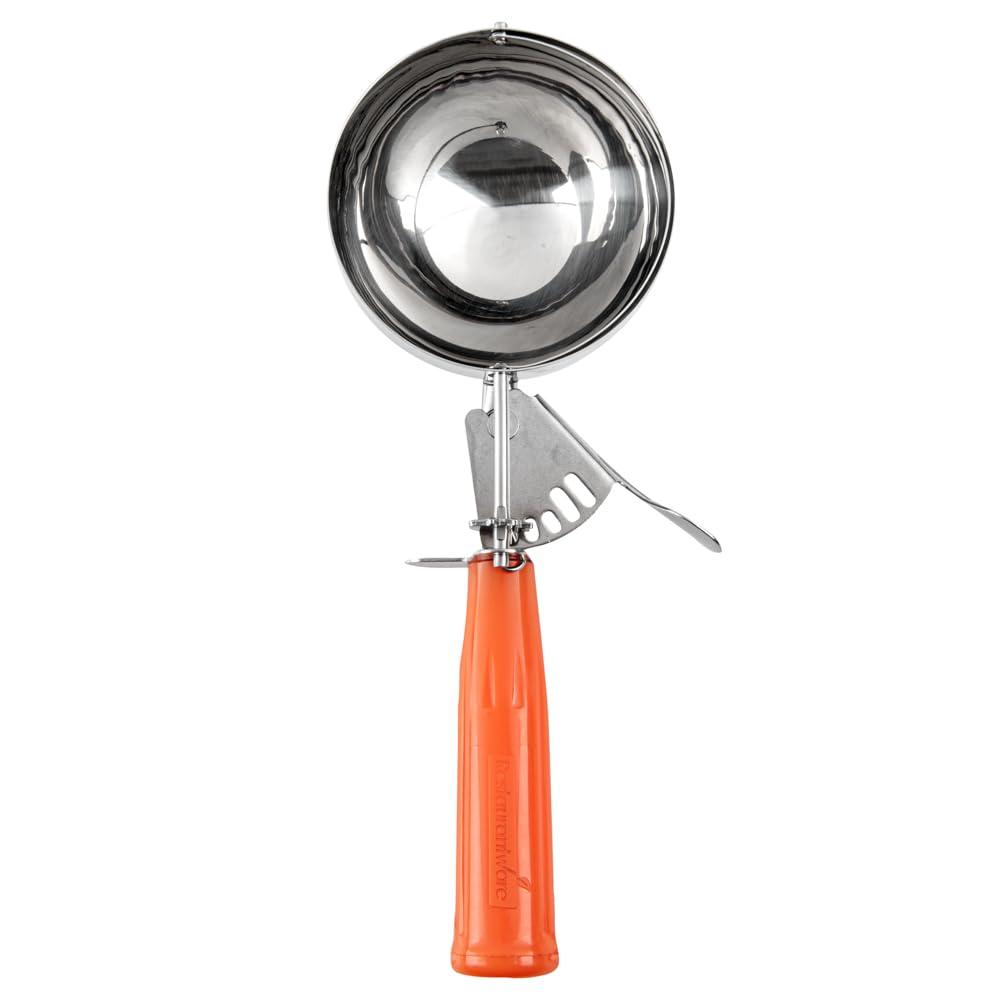 Restaurantware Met Lux 8 Ounce Portion Scoop 1 Durable Disher Scoop - Thumb Trigger Orange Stainless Steel Ice cream Disher For Portion Control For Ice Cream Mashed Potato And Cookie Batter