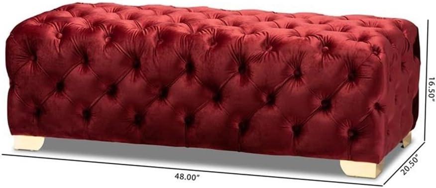 Avara Velvet Button Tufted Bench Ottoman Red - Baxton Studio: Gold Legs, Plywood Frame, Luxurious Bedroom Furniture