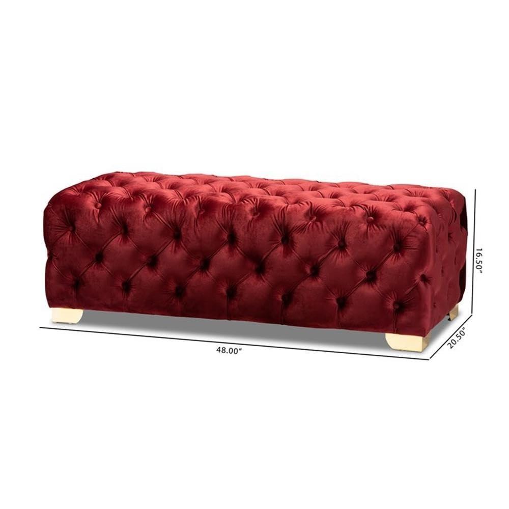 Avara Velvet Button Tufted Bench Ottoman Red - Baxton Studio: Gold Legs, Plywood Frame, Luxurious Bedroom Furniture