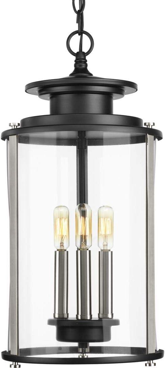 Progress Lighting Squire 3-Light Hanging Lantern, Steel, Black Finish, Clear Glass Shade