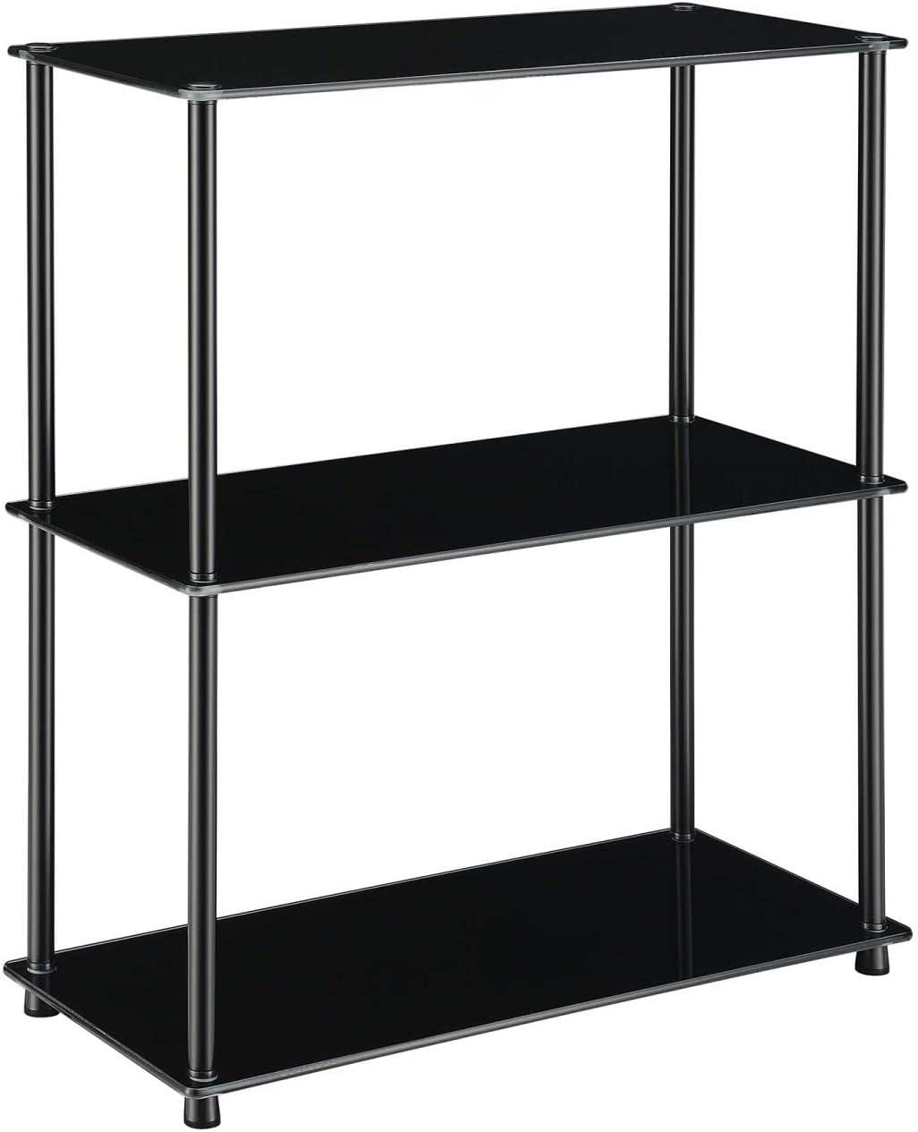 Black Glass 3-Shelf Bookcase with Stainless Steel Legs