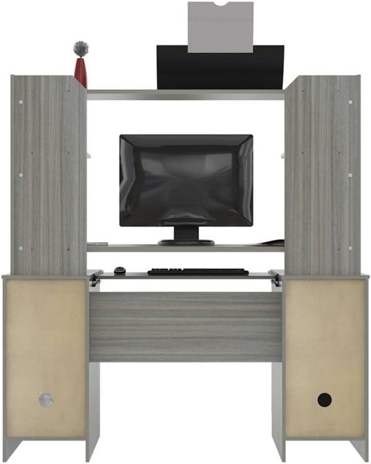 Computer Workcentre With Hutch Smoke Oak - Inval: Modern Laminate Writing Desk, MDF Frame, Open Shelf Storage