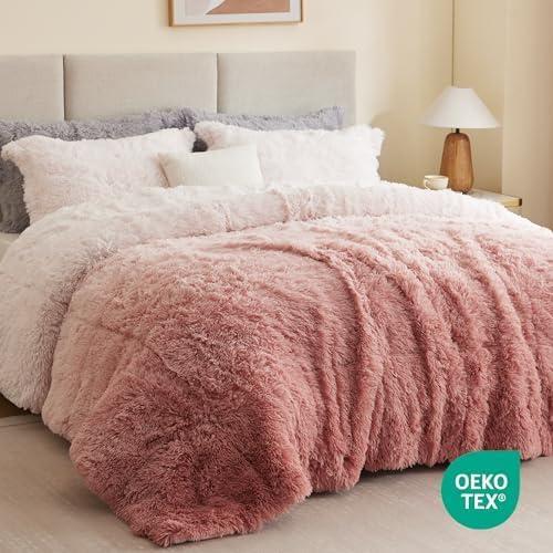 Intelligent Design King/Cal King Shaggy Faux Comforter Set, Long Fur Wave Spring Comforter Bedding Set, 3-Piece Striped Ombre Design Warm Bed Set, Blush