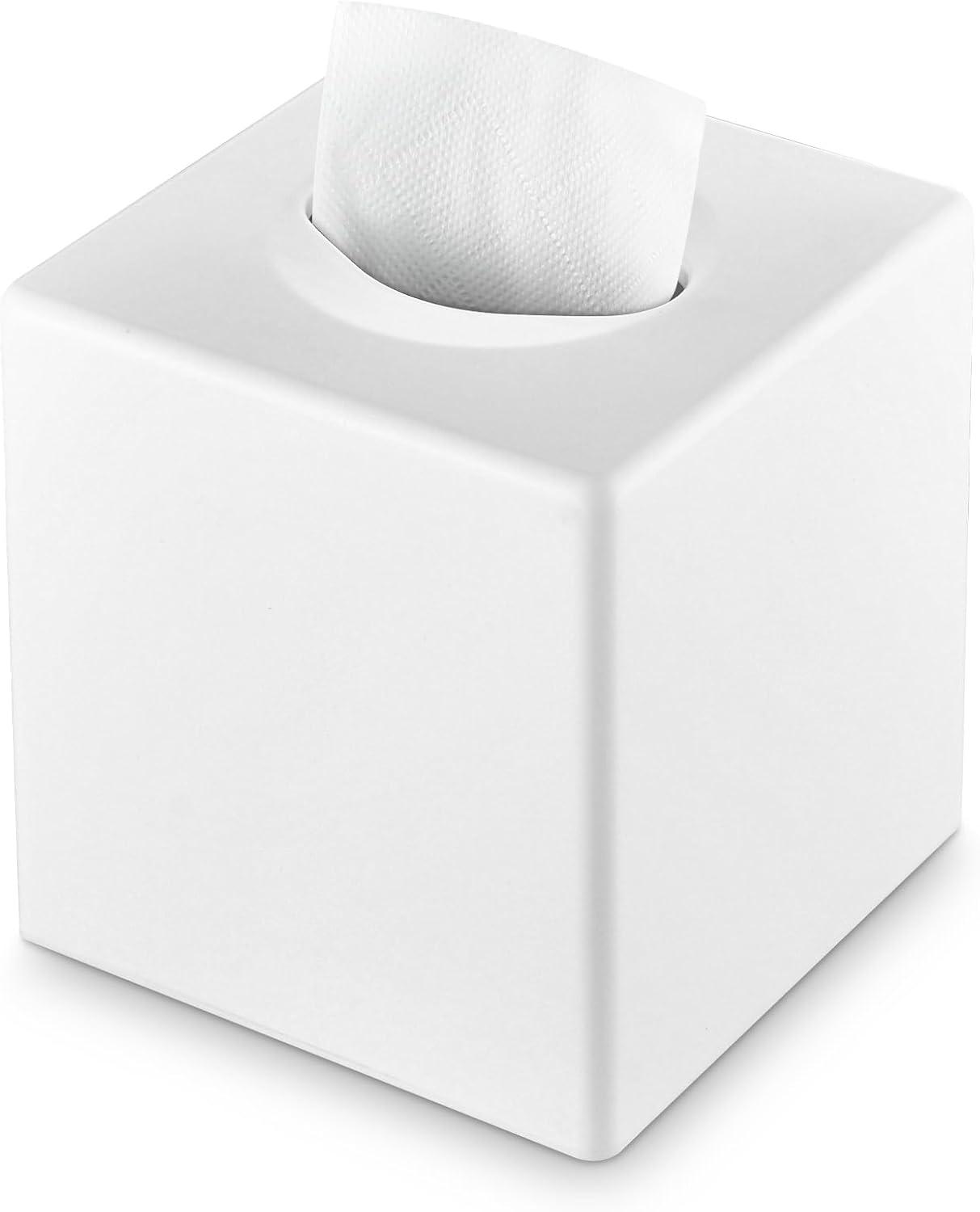 White Tissue Box Cover Square - Plastic Facial Tissue Box Holder - Decorative Cube Tissue Holder Dispenser Fits Any Vanity Countertop, Bedroom Dresser, Office, Bathroom Decor C33